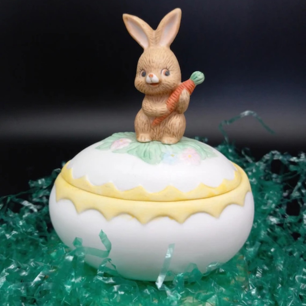 Vintage Lefton Easter Box Ceramic Bunny Egg Trinket Handpainted 1983 Grandmacore